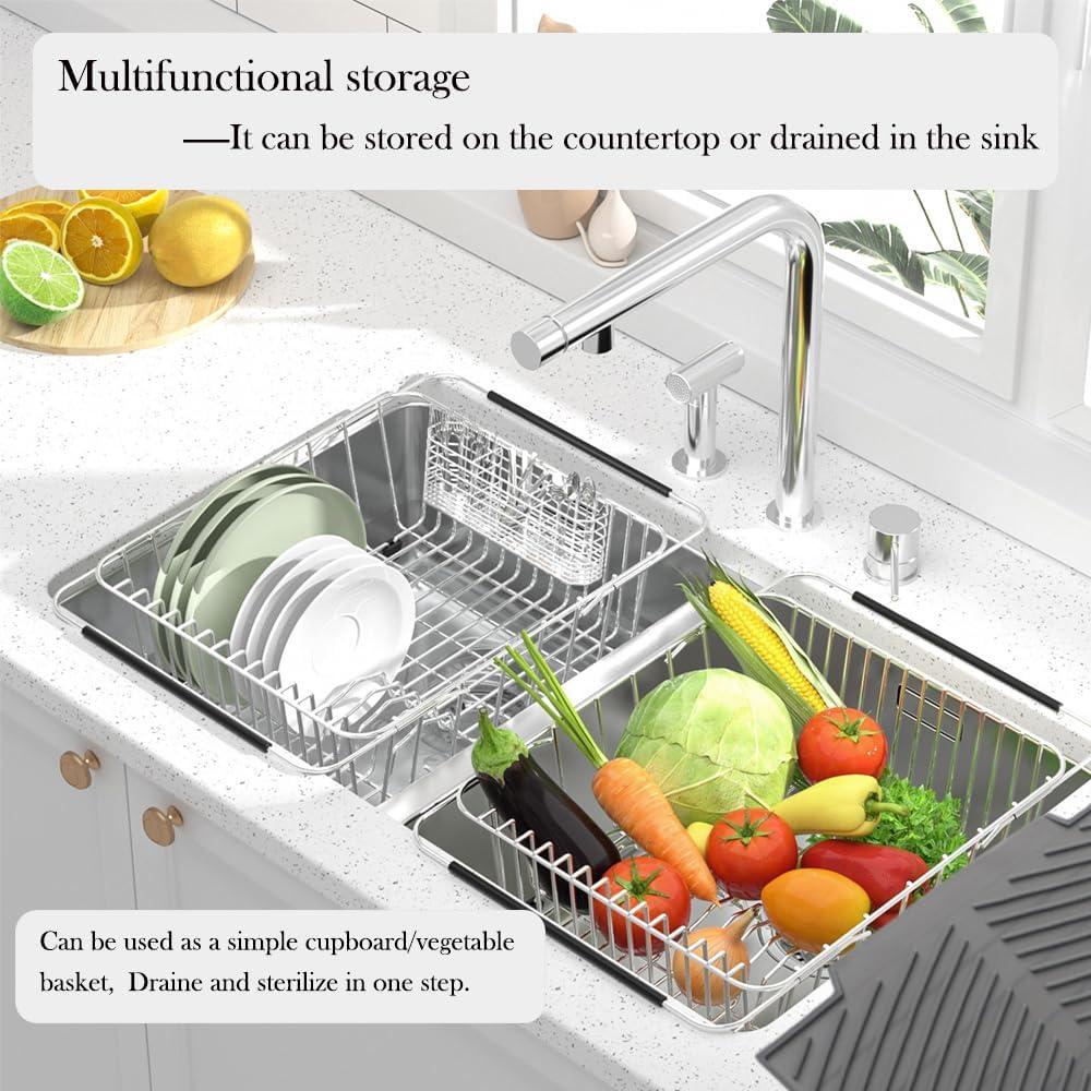 Over The Sink Dish Drying Rack with Utensil Holder and Silicone Drainage pad (Small + 16" Silicone pad)