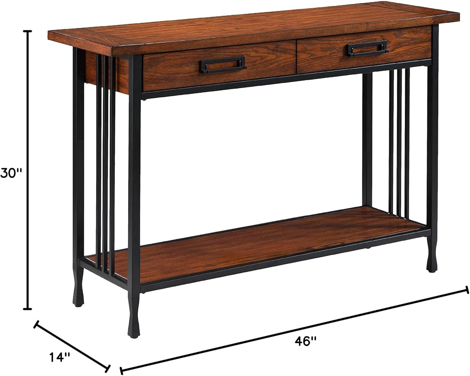 Leick Home 11233 Ironcraft Rustic Two Drawer Hall Console Sofa Table with Shelf, Mission Oak and Black Metal