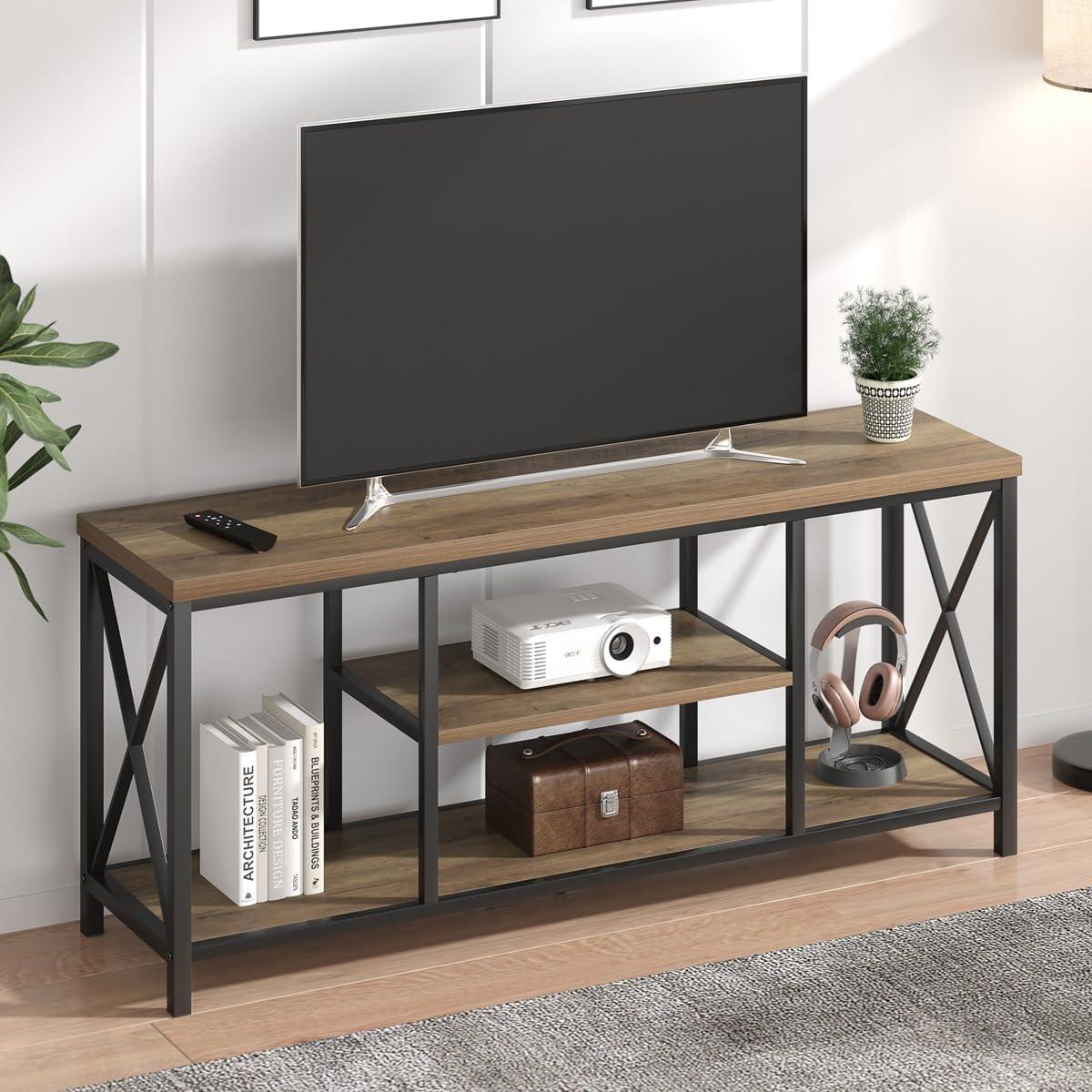 FOLUBAN TV Stand for TV up to 65 inch, Rustic Wood and Metal Entertainment Center with Storage Shelves, Modern Industrial Media TV Console Table for Living Room, Oak 55 inch