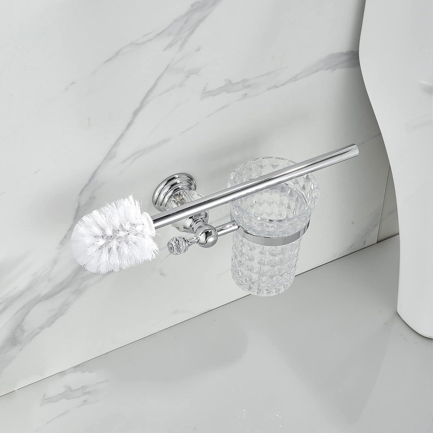 Crystal Wall-Mounted Toilet Brush Holder with Polished Silver Handle