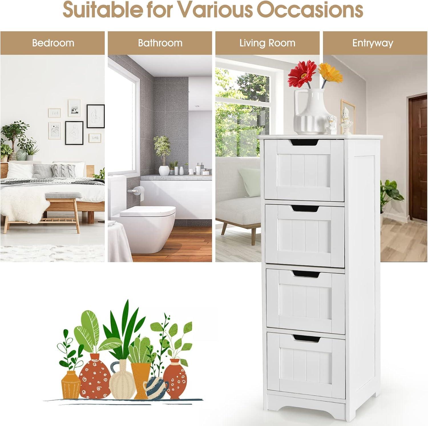White MDF Freestanding Cabinet with 4 Drawers