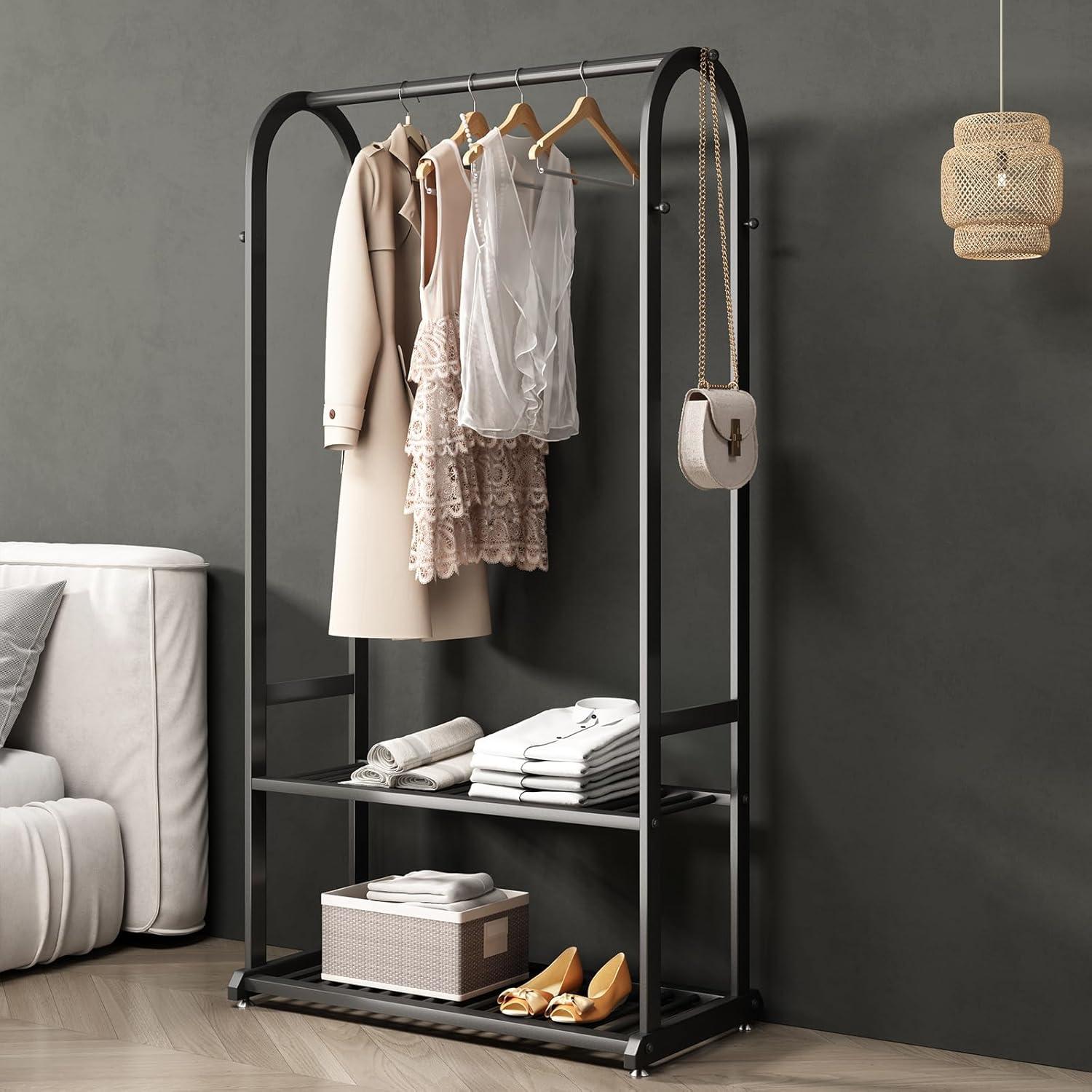 heavy duty clothes rack,clothing rack for hanging clothes,metal garment rack with bottom shelves and side 6 hooks,rack for clothes to hang,Wardrobe Rack for Coats,Shirts,Dress (black, L:31.5IN)