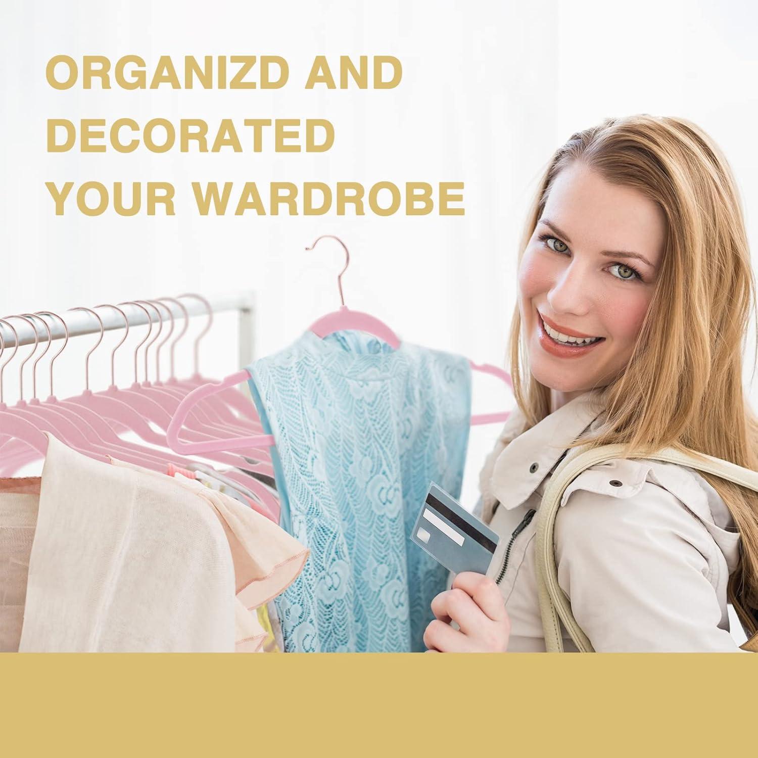 Flocked Velvet Clothes Hangers with Stainless Steel Swivel Hooks, Pink - 50 Piece