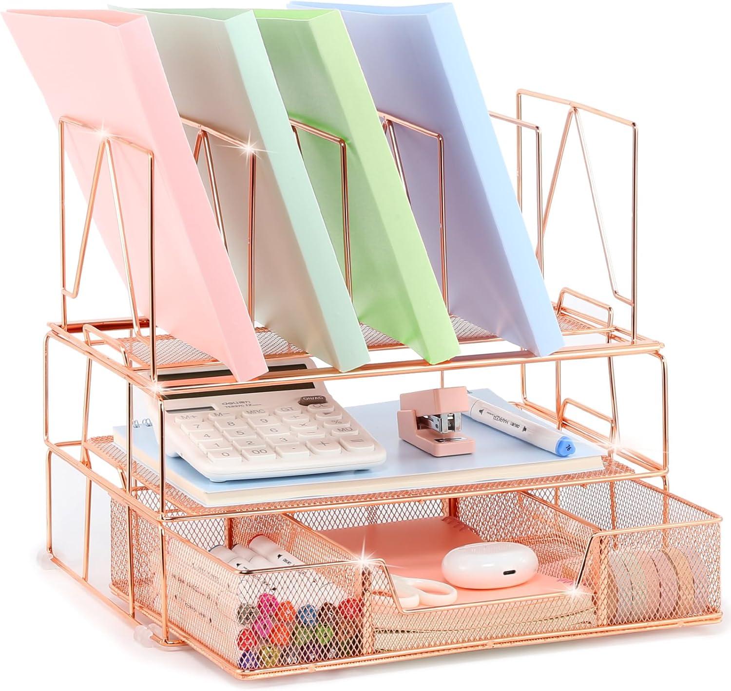 Rose Gold Steel Desk Organizer with File Sorters and Drawer