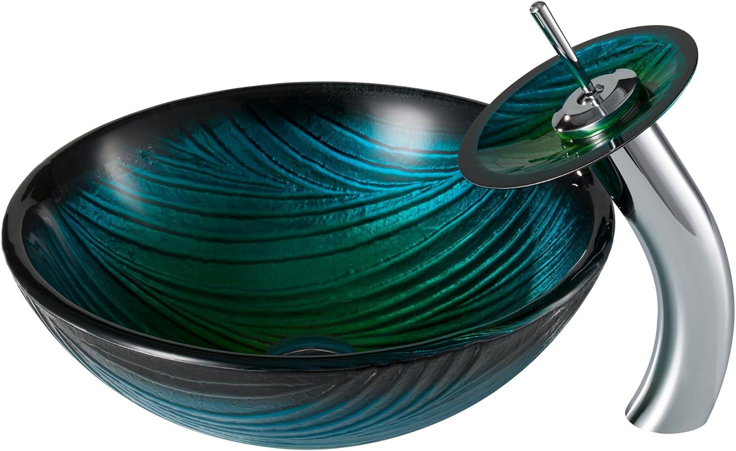 Kraus Nei Glass Bathroom Vessel Sink and Waterfall Faucet Set with Pop-Up Drain