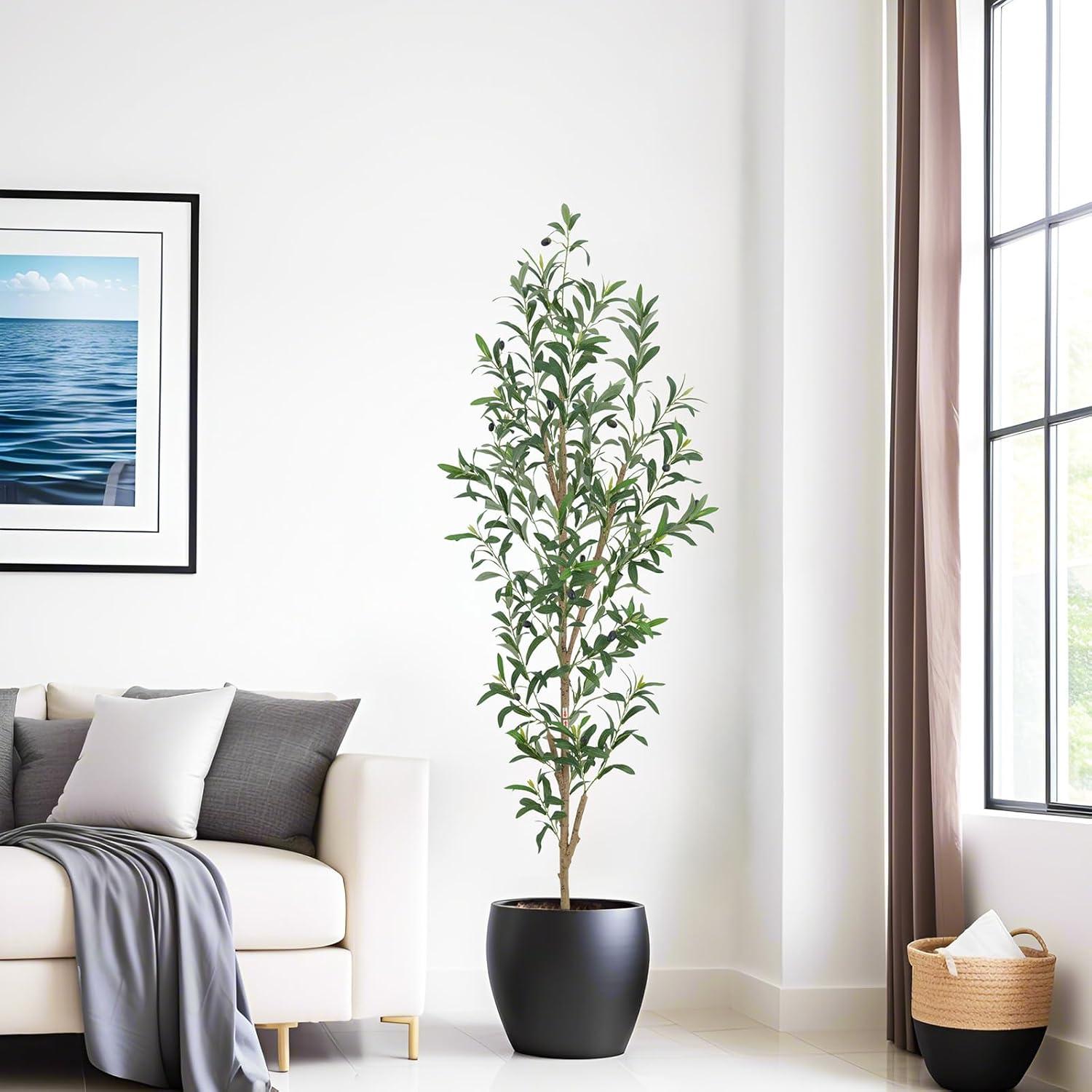 Aritizone Artificial Olive Tree 7FT Tall Fake Olive Tree with Adjustale Branches Artificial Tree for Modern Home Office Living Room Floor Decor Indoor (7FT)