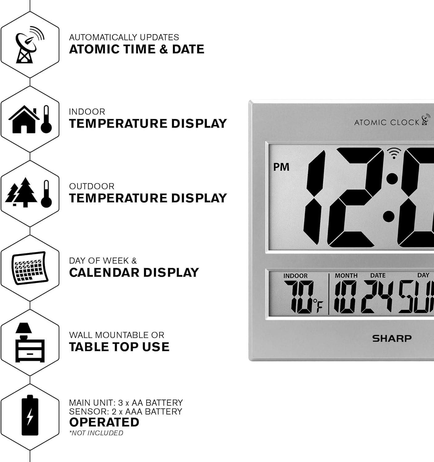 Sharp Atomic Clock - Jumbo 3" Easy to Read Numbers - Never Needs Setting!  - Indoor/ Outdoor Temperature Display with Wireless Outdoor Sensor - Silver