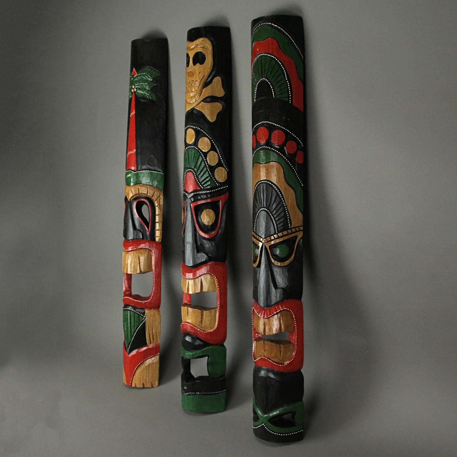 Set of 3 Hand Carved Polynesian Style Tiki Wall Hanging Masks - Unique 39.5-Inch Carvings for Home, Patio, or Tiki Bar Decor - Handcrafted with Lively Island Colors