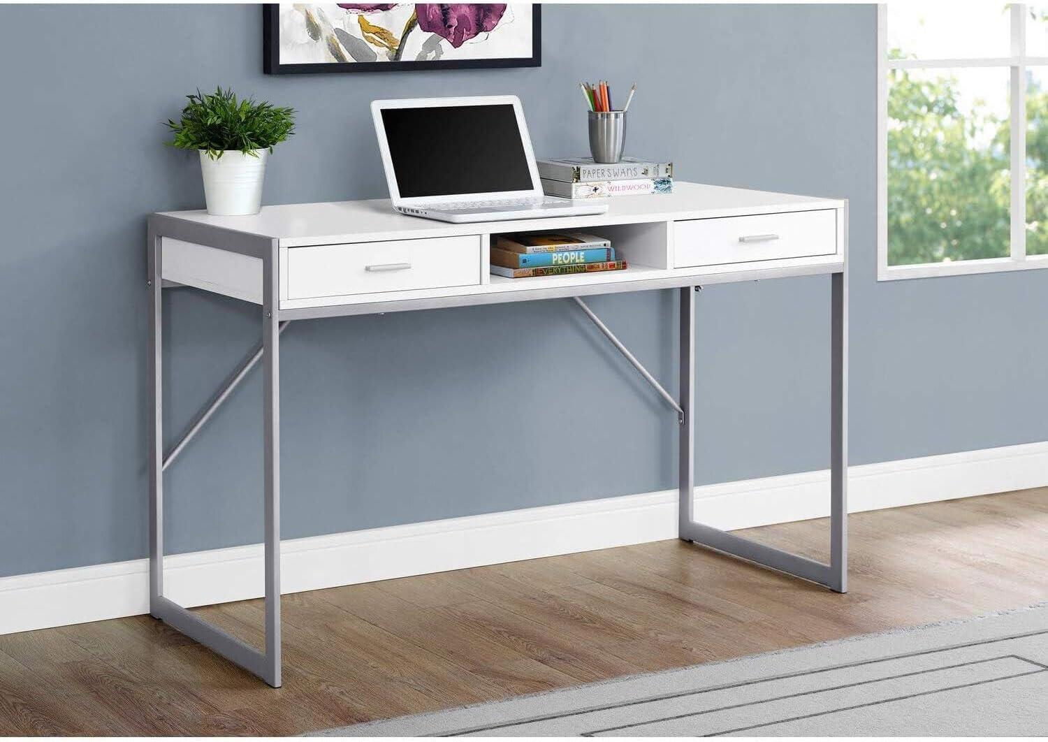 Contemporary 48" White & Silver Home Office Desk with Drawers