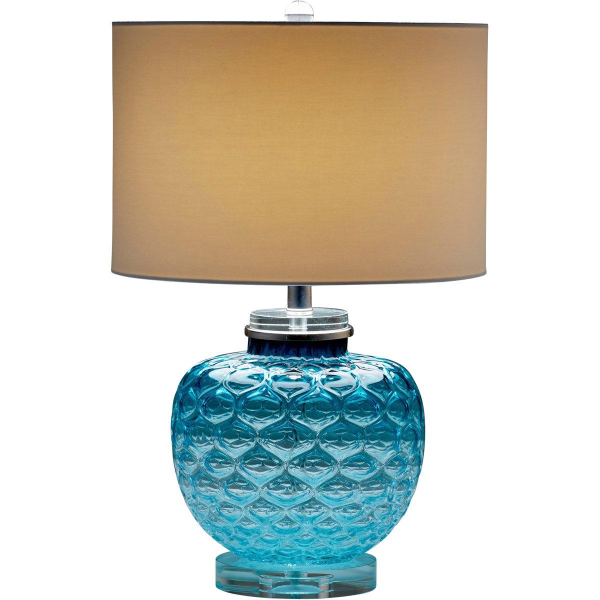 Teal Glass Table Lamp with Off-White Cotton Shade