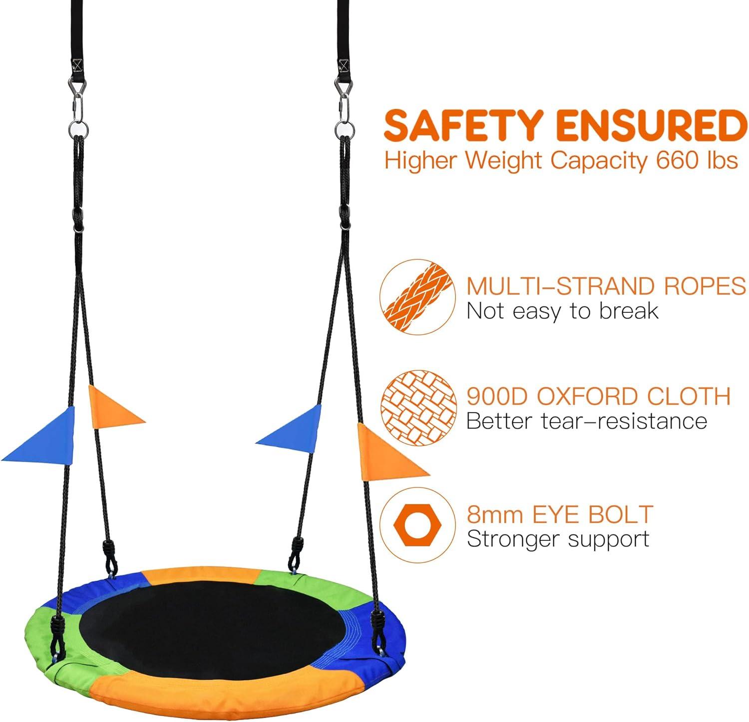 PACEARTH 40 Inch Saucer Tree Swing Flying 900lb Weight Capacity 2 Added Hanging Straps Adjustable Multi-Strand Ropes Colorful Safe and Durable Swing Seat for Children