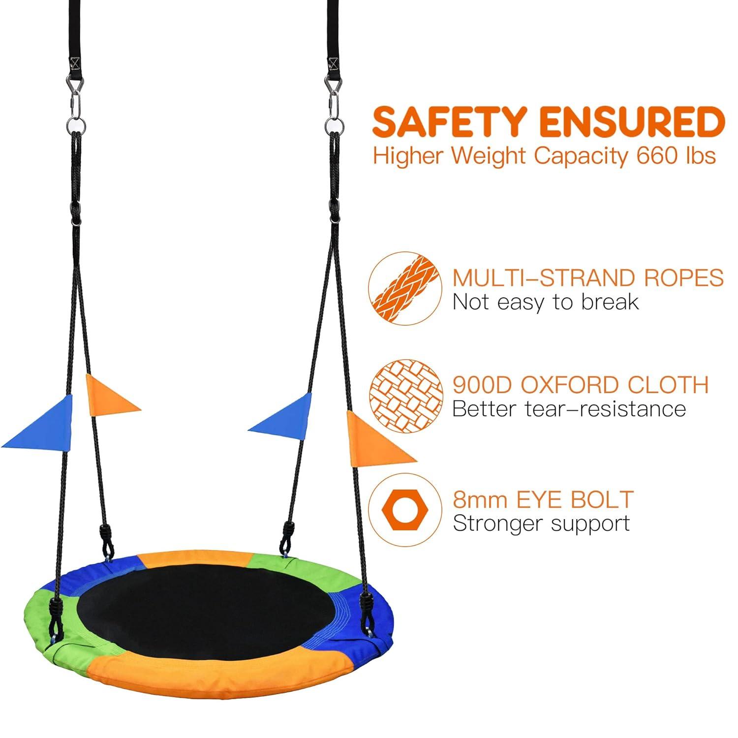 PACEARTH 40 Inch Saucer Tree Swing Flying 900lb Weight Capacity 2 Added Hanging Straps Adjustable Multi-Strand Ropes Colorful Safe and Durable Swing Seat for Children