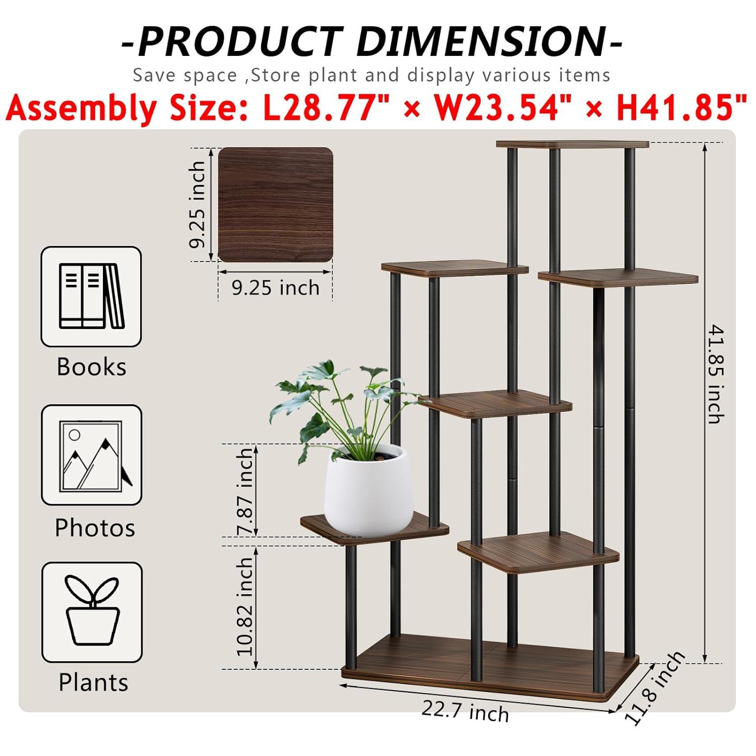 AZERPIAN Plant Stand 7 Tier Indoor Metal Flower Shelf for Multiple Plants Corner Tall Flower Holders for Patio Garden Living Room Balcony Bedroom, Black Oak