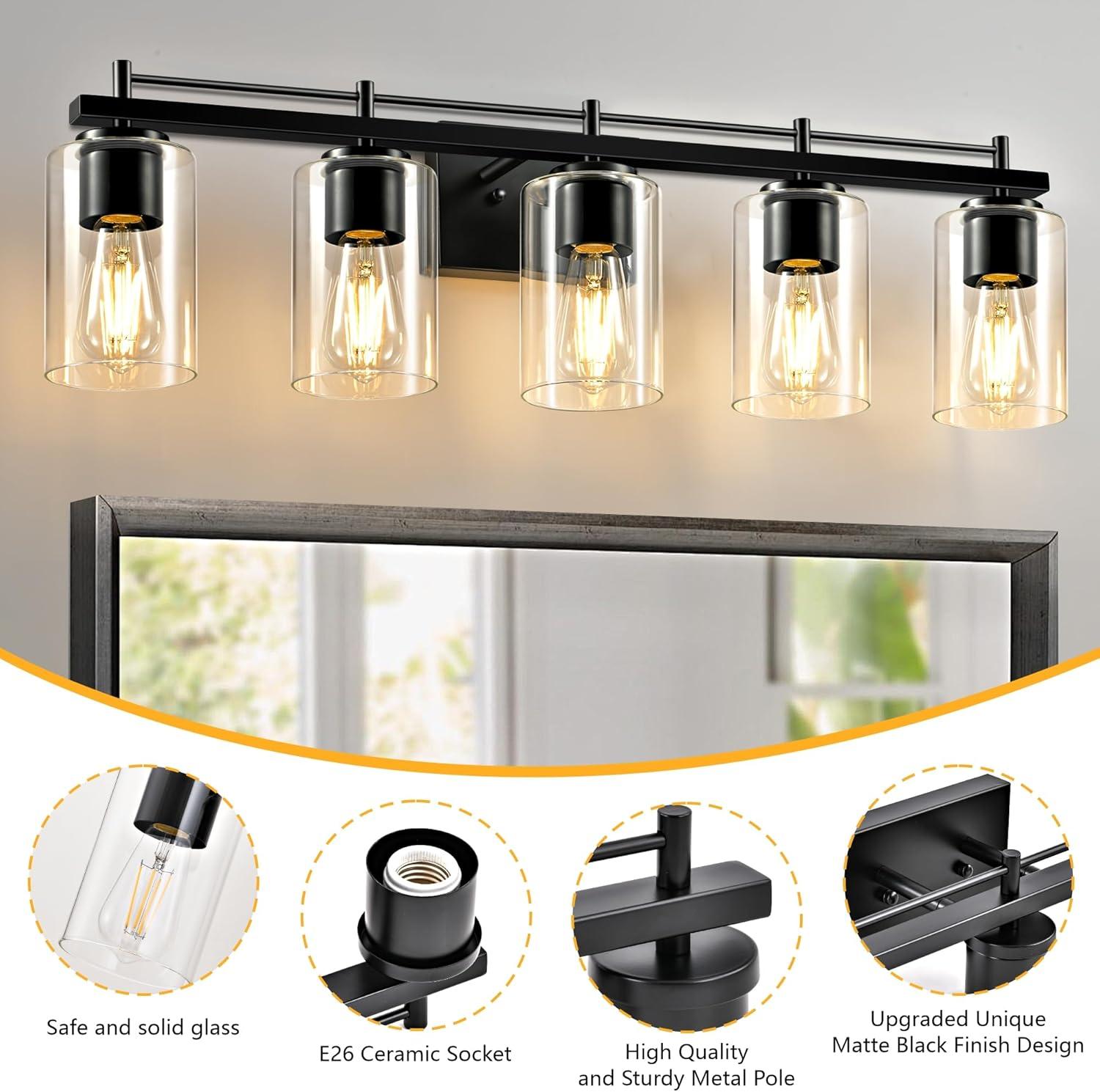 Matte Black 5-Light Bathroom Vanity Fixture with Glass Shades