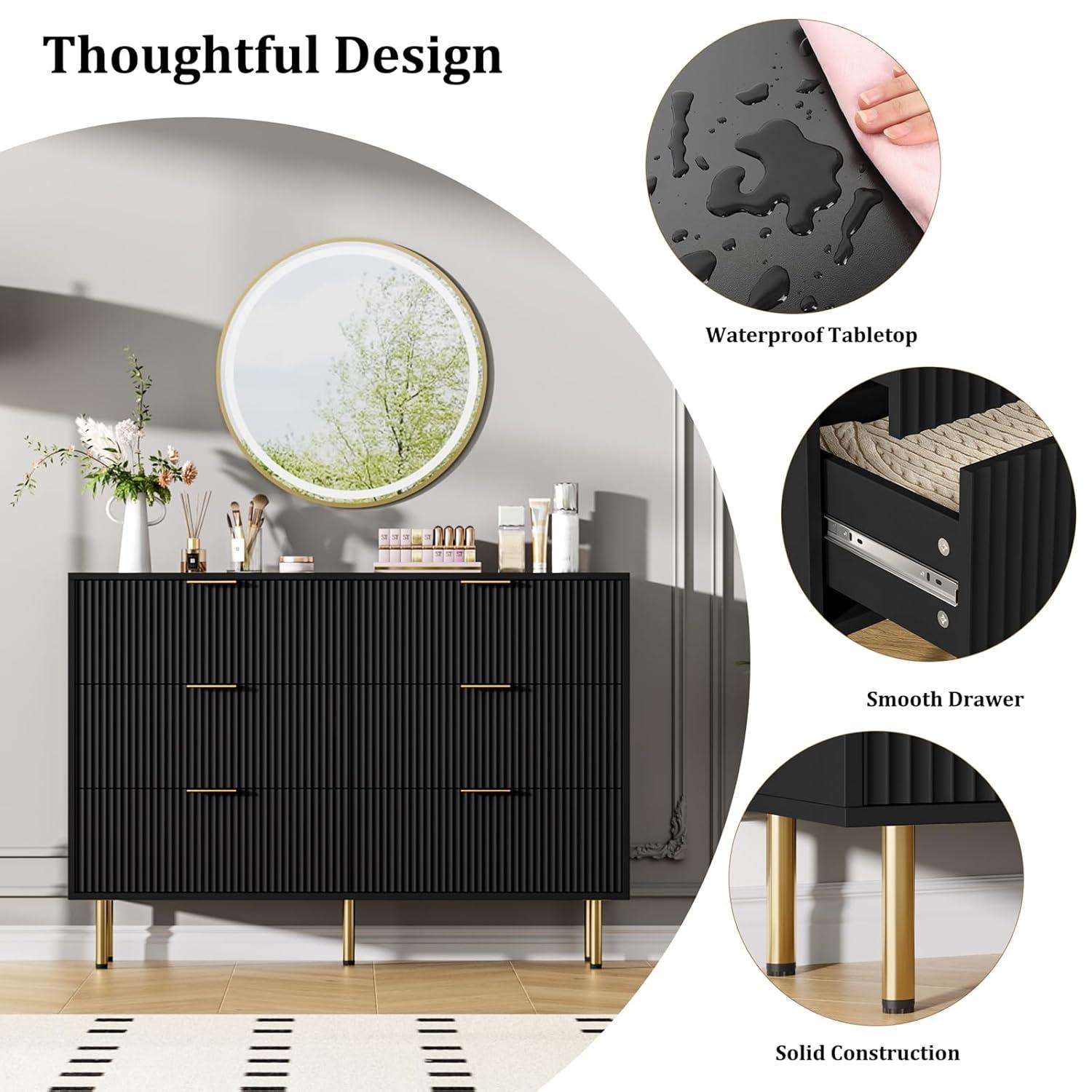Garvee Fluted Wood Dresser 6 Drawers Dresser for Bedroom, Large Modern Chest of Drawers, Black Dresser with Gold Handle,for Living Room, Hallway