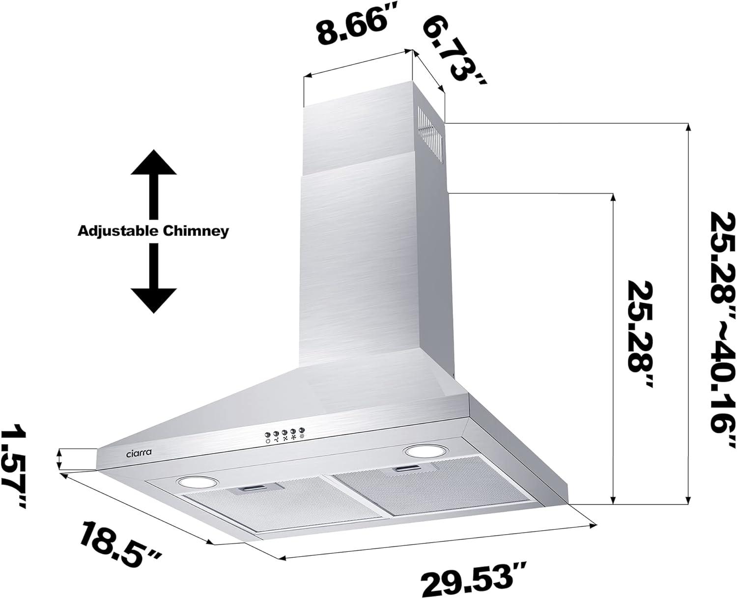 CIARRA Wall Mount Range Hood 30 inch 450CFM with Push Button, Stainless Steel CAS206P75