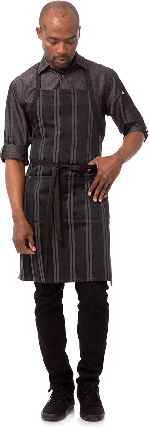 Black and Gray Striped Cotton-Poly Wide Bib Apron