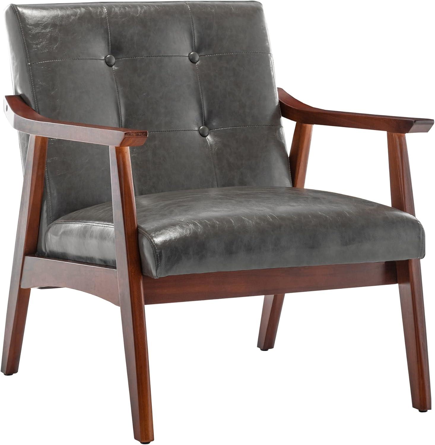 Espresso-Finished Gray Faux Leather Mid-Century Modern Accent Chair