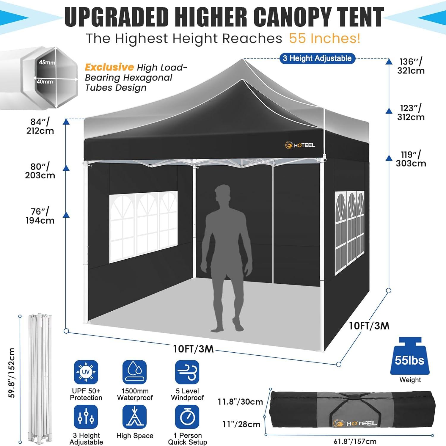 COBIZI 10x10 Heavy Duty Pop Up Canopy Tent with 4 Sidewalls, Commercial Instant Waterproof Shelter, UV 50+ with Silver Coated, Upgraded Thickened Hexagonal Legs,Black