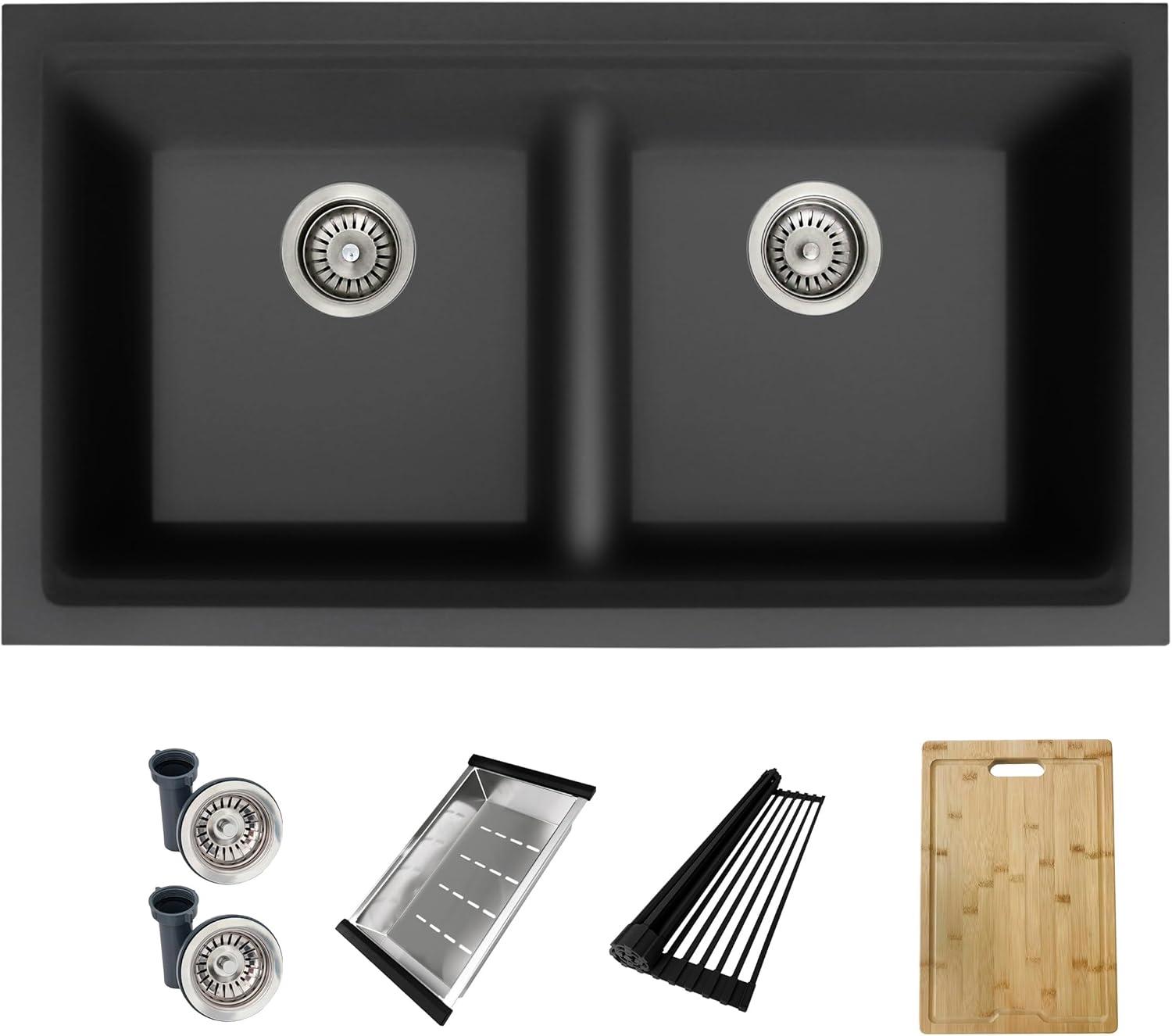 Stylish Pietra Dual-Mount 33" Composite Granite Double Bowl Kitchen Sink