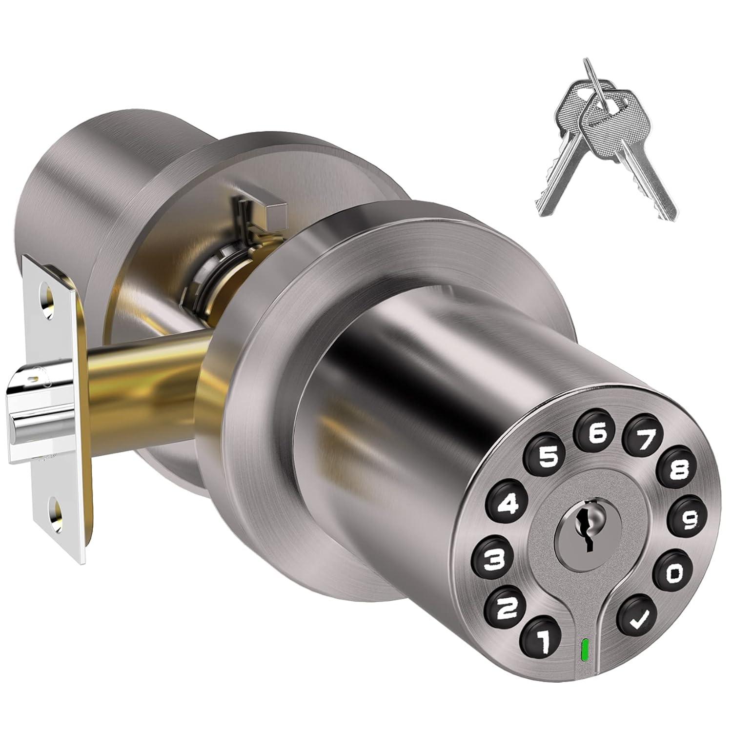 BOTHSTAR Keypad Door Knob with Key,Keyless Entry Door Lock, Code Locks Door Knob, Auto Lock,50 User Code,Easy to Install,for Home,Office,Hotel,Bedroom,Garage,No Deadbolt-Satin Nickel Finish