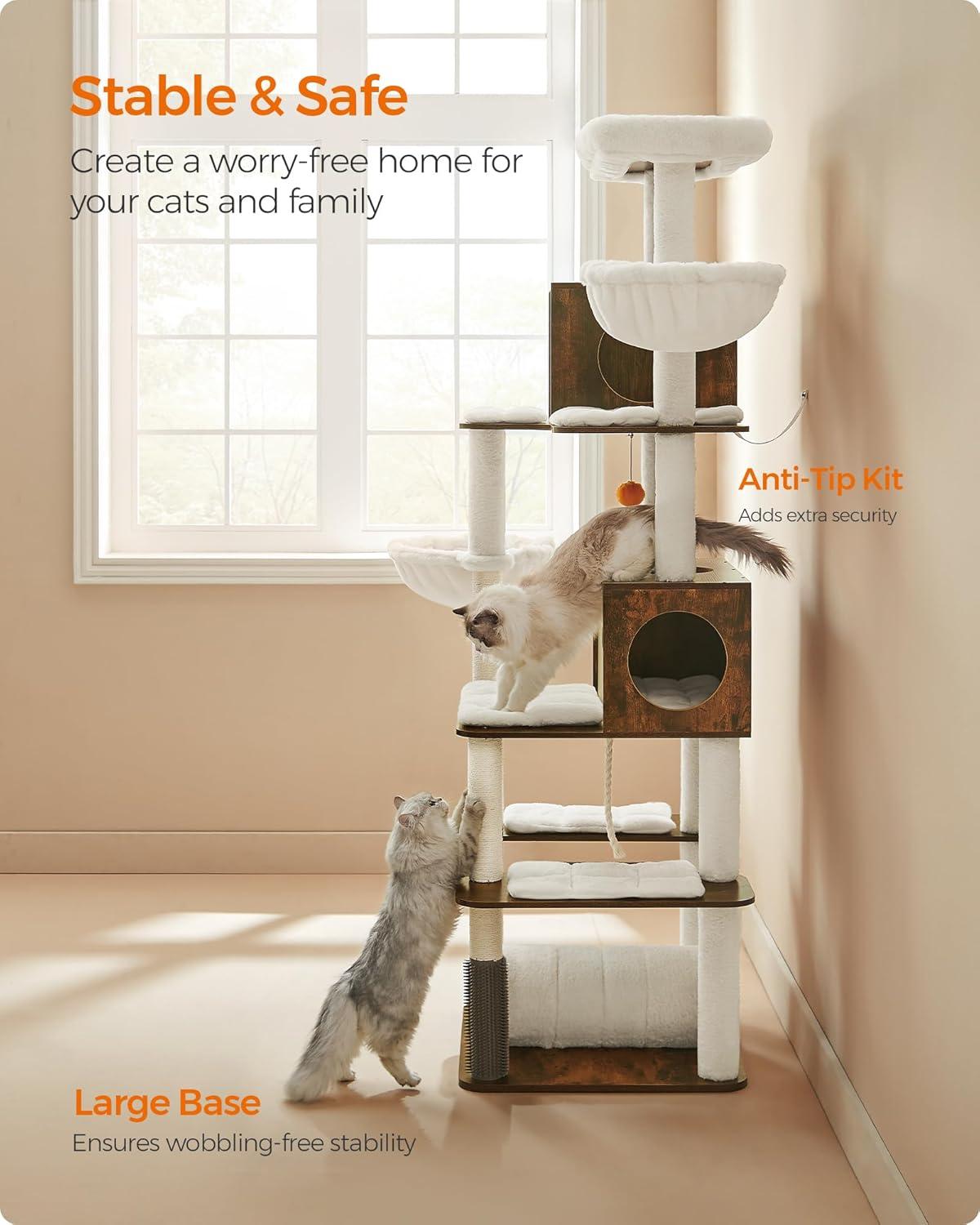 Rustic Brown Multi-Level Cat Tree with Hammocks and Caves