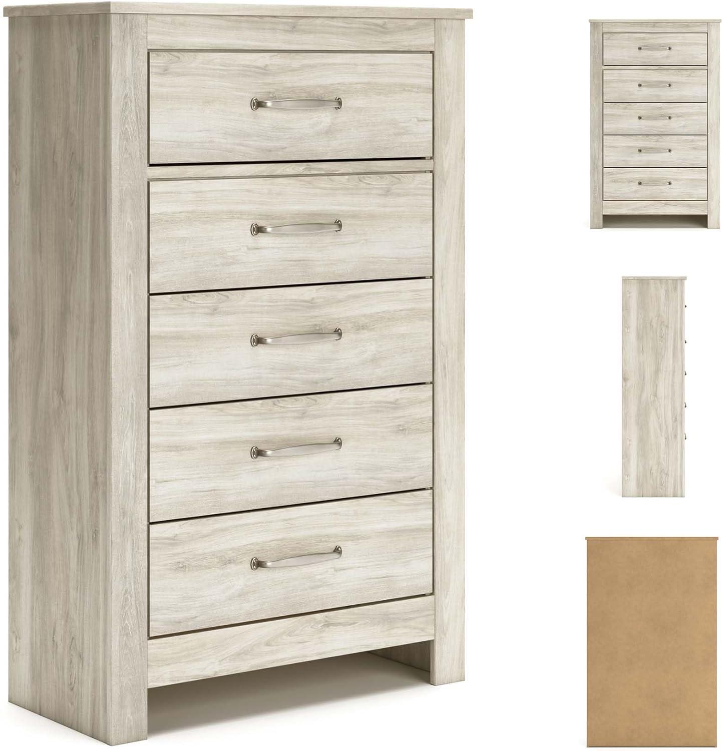 Bellaby 5 Drawer Chest White - Signature Design by Ashley: Farmhouse Style, Brushed Nickel-Tone Handles