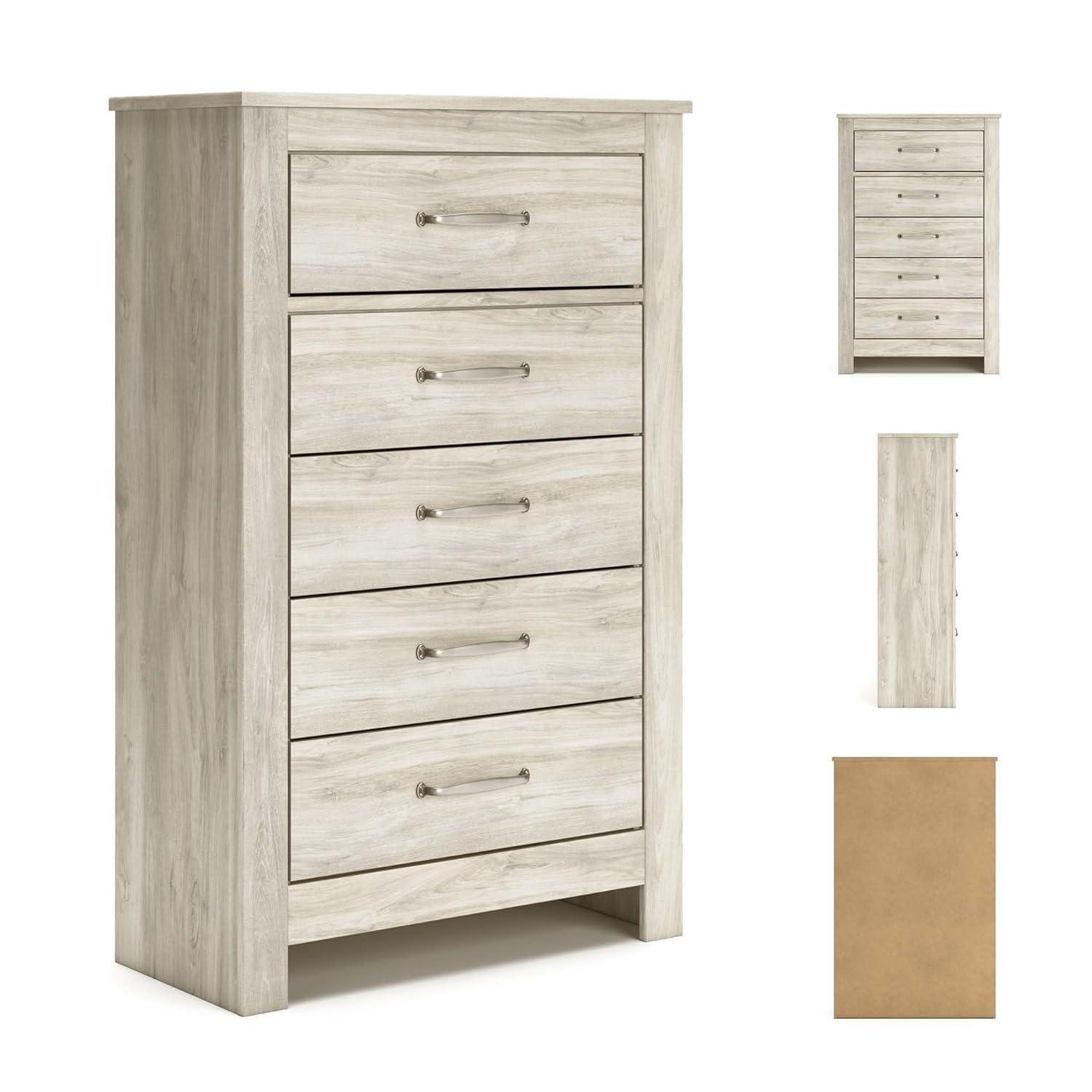 Bellaby 5 Drawer Chest White - Signature Design by Ashley: Farmhouse Style, Brushed Nickel-Tone Handles