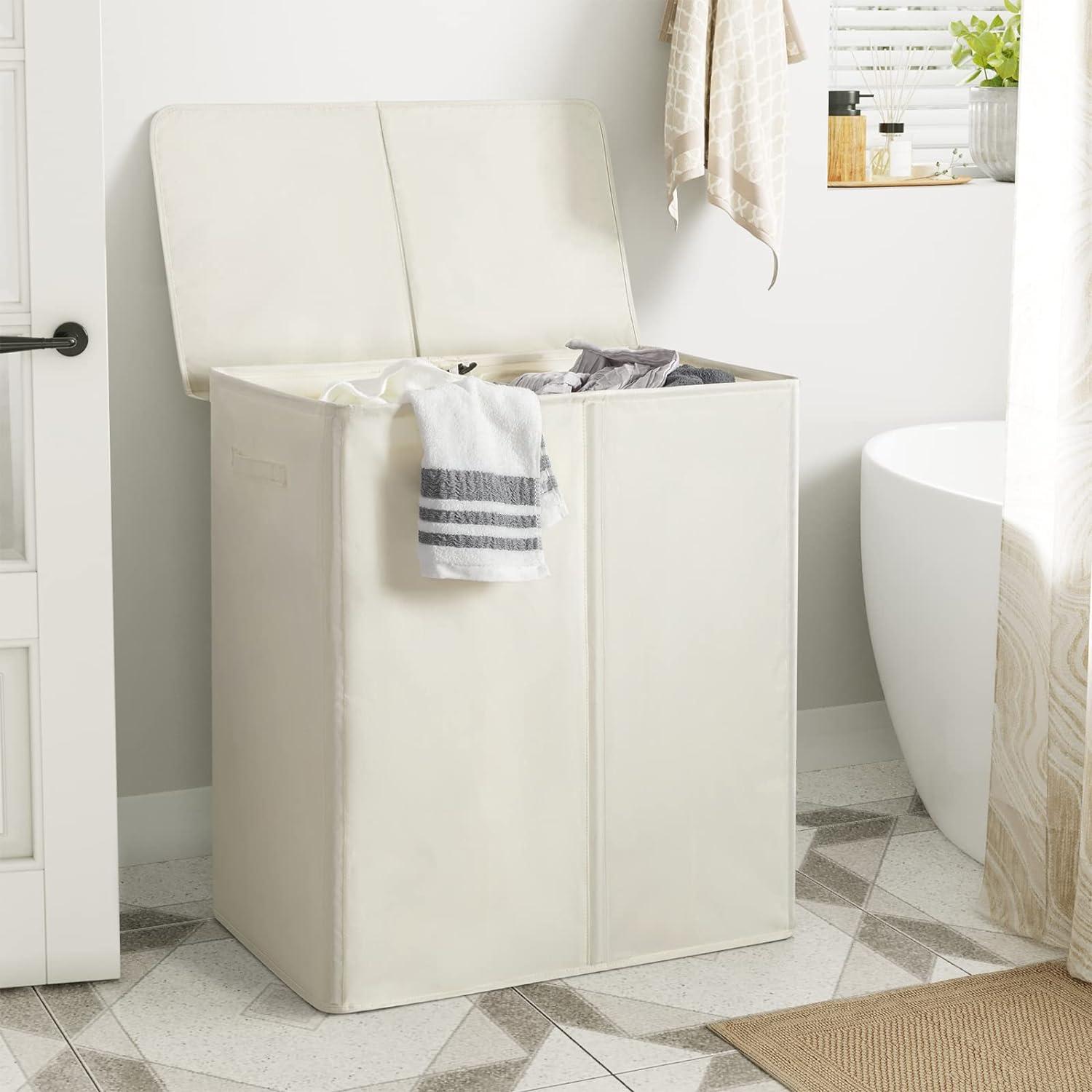 154L Double Laundry Hamper with Lid and Removable Laundry Bags, Large Dirty Clothes Hamper 2 section Collapsible Laundry Basket Dorm Room Storage for Bedroom, Bathroom, College,Beige