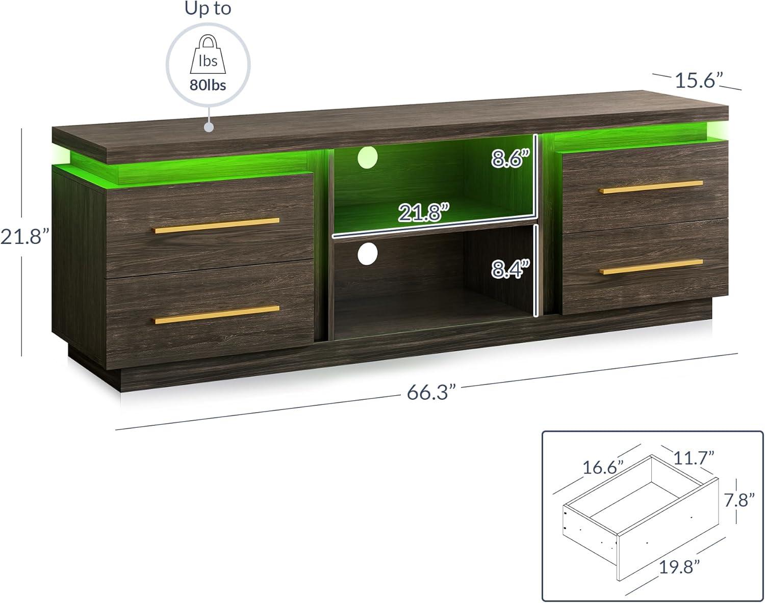 BELLEZE 66" TV Stand for TVs Up to 75", Entertainment Center with Music Sync LED Lights, Media Console Table Storage Cabinet with Open Shelves & Drawers for Living room, Bedroom - Hawthorn (Brown)