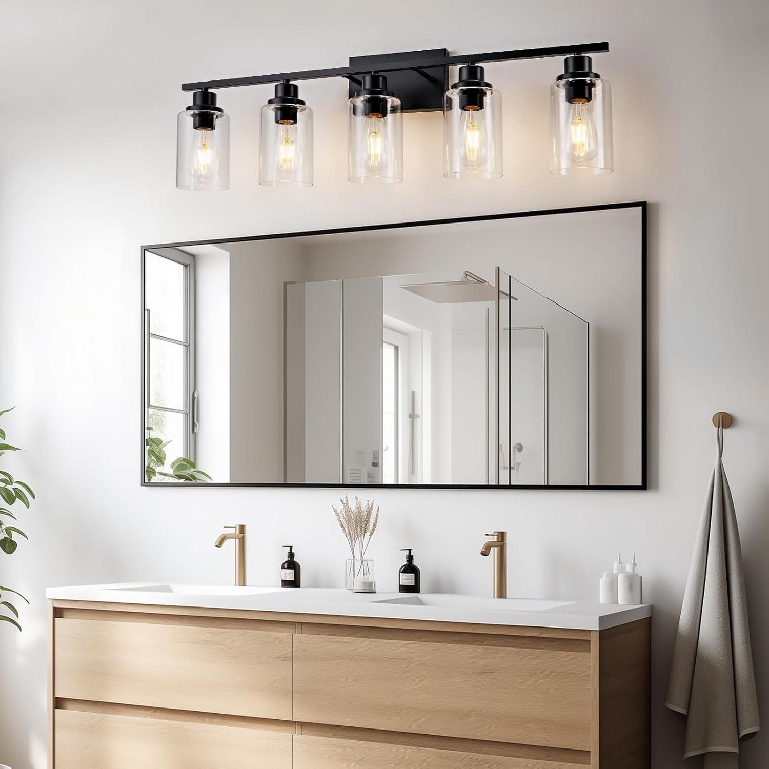 Matte Black 5-Light Bathroom Vanity Fixture with Glass Shades