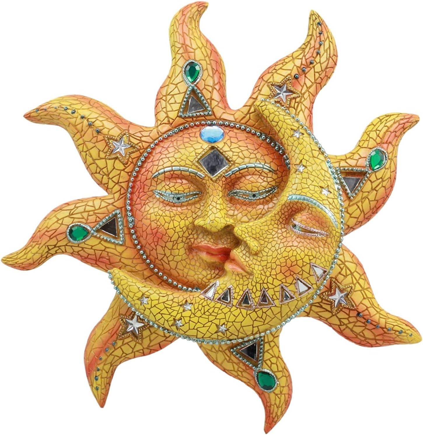 Ebros Cara de Mosaico Naranja Sol con Luna de Mosaico Amarillo, Decoración de Placa de Pared de 13"H