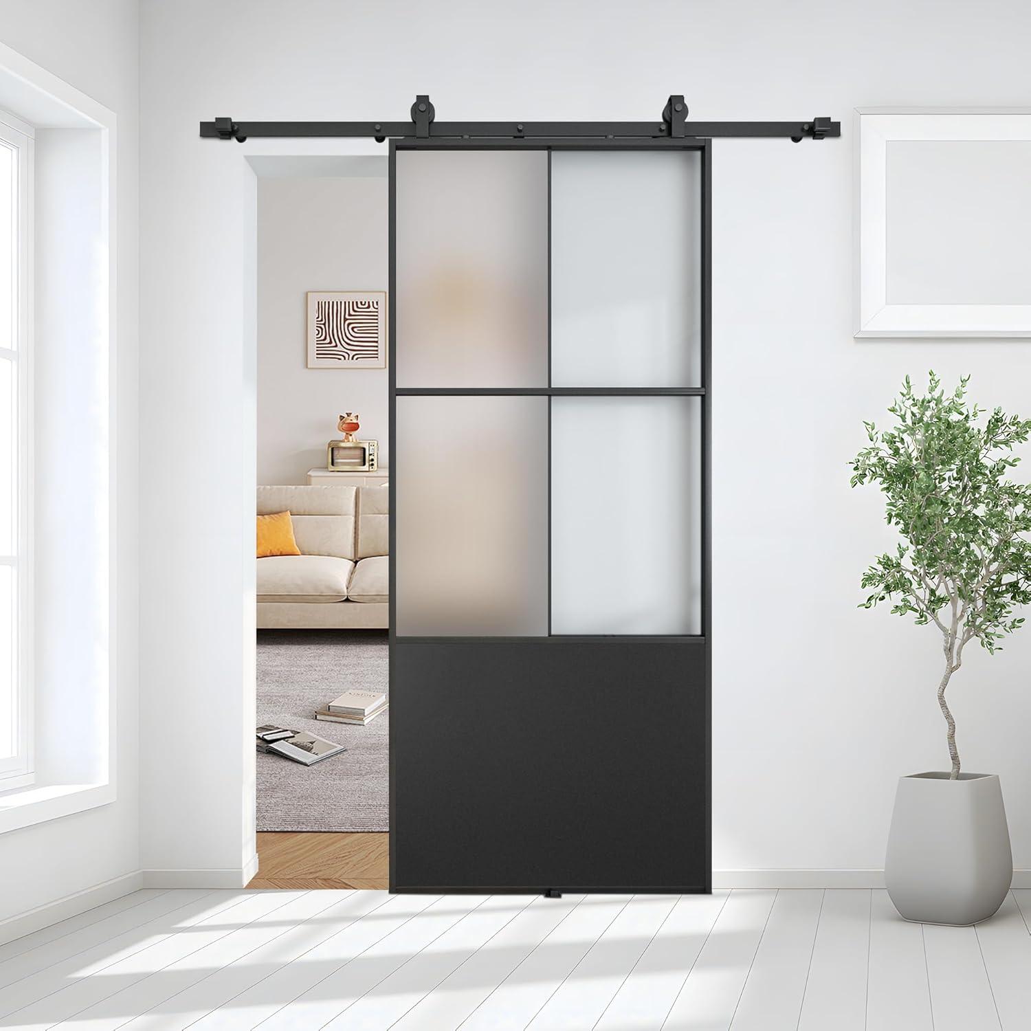 Metal and Glass Sliding Barn Door with Installation Hardware Kit ( Soft-close Included)