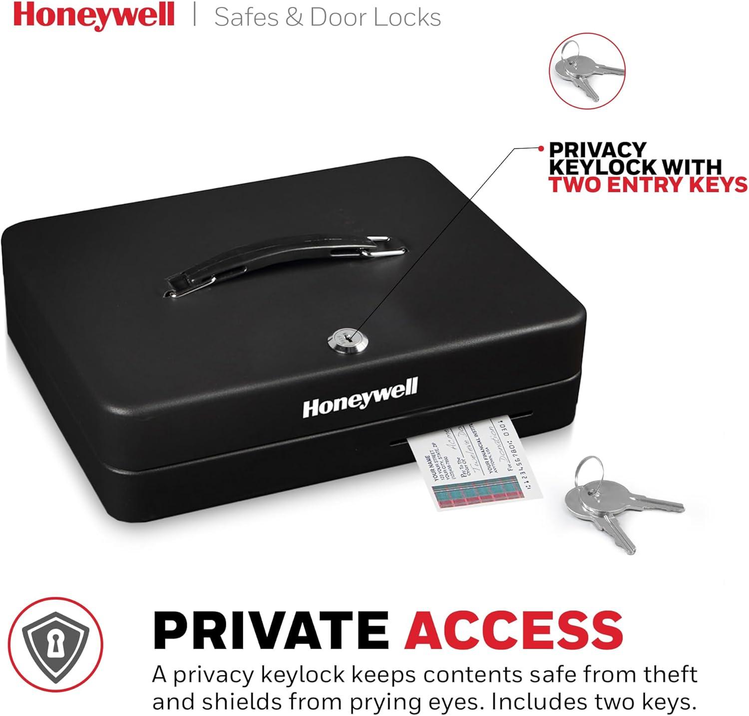 Honeywell Deluxe Steel Cash Box: Black Key Lock Safe with Removable Tray, 0.23 Volume, No Assembly Required