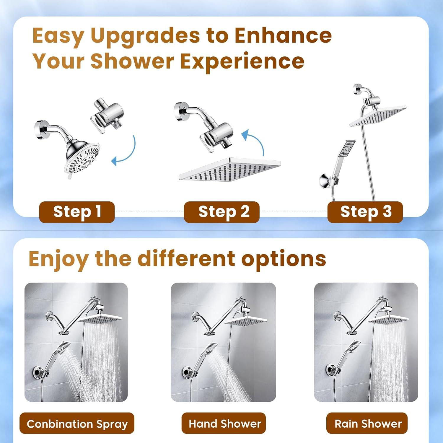 BRIGHT SHOWERS Rain Shower Head Combo, 8" Rainfall Shower with Handheld Spray, 60" Hose, 3-Way Diverter, Wall Bracket, Chrome