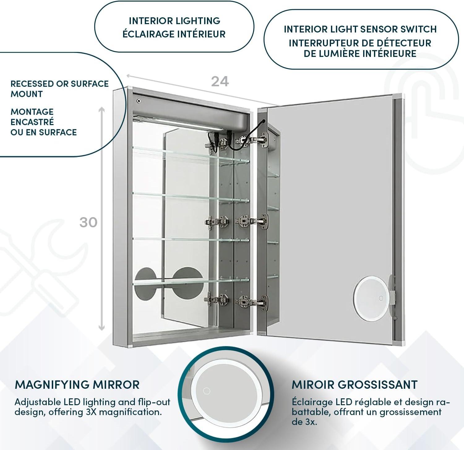 AQUADOM Signature Royale LED Medicine Cabinet, Defogger, LED 3X Makeup Mirror, Electrical Outlets