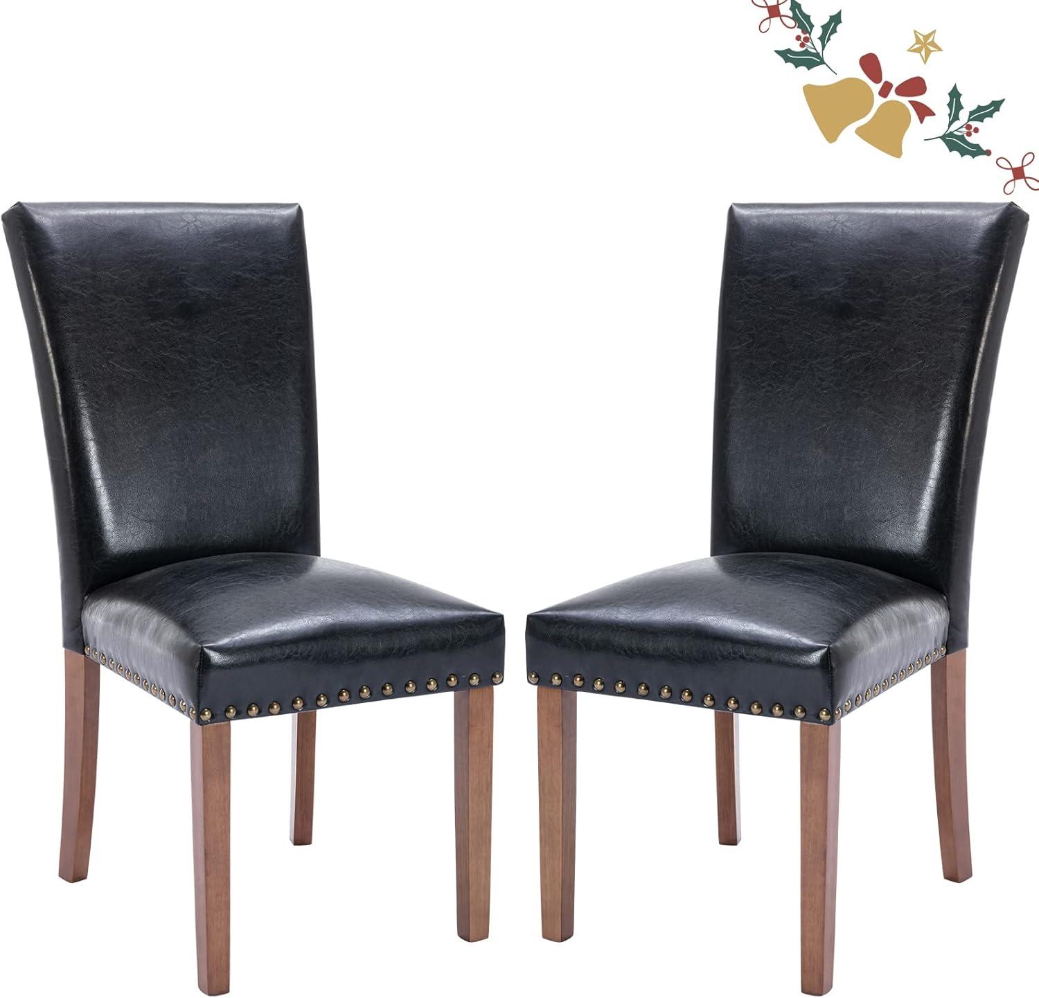 Colamy Black Upholstered Wood Legs Parsons Leather Dining Chairs with Nail head Trim Set of 2 for Dining Room