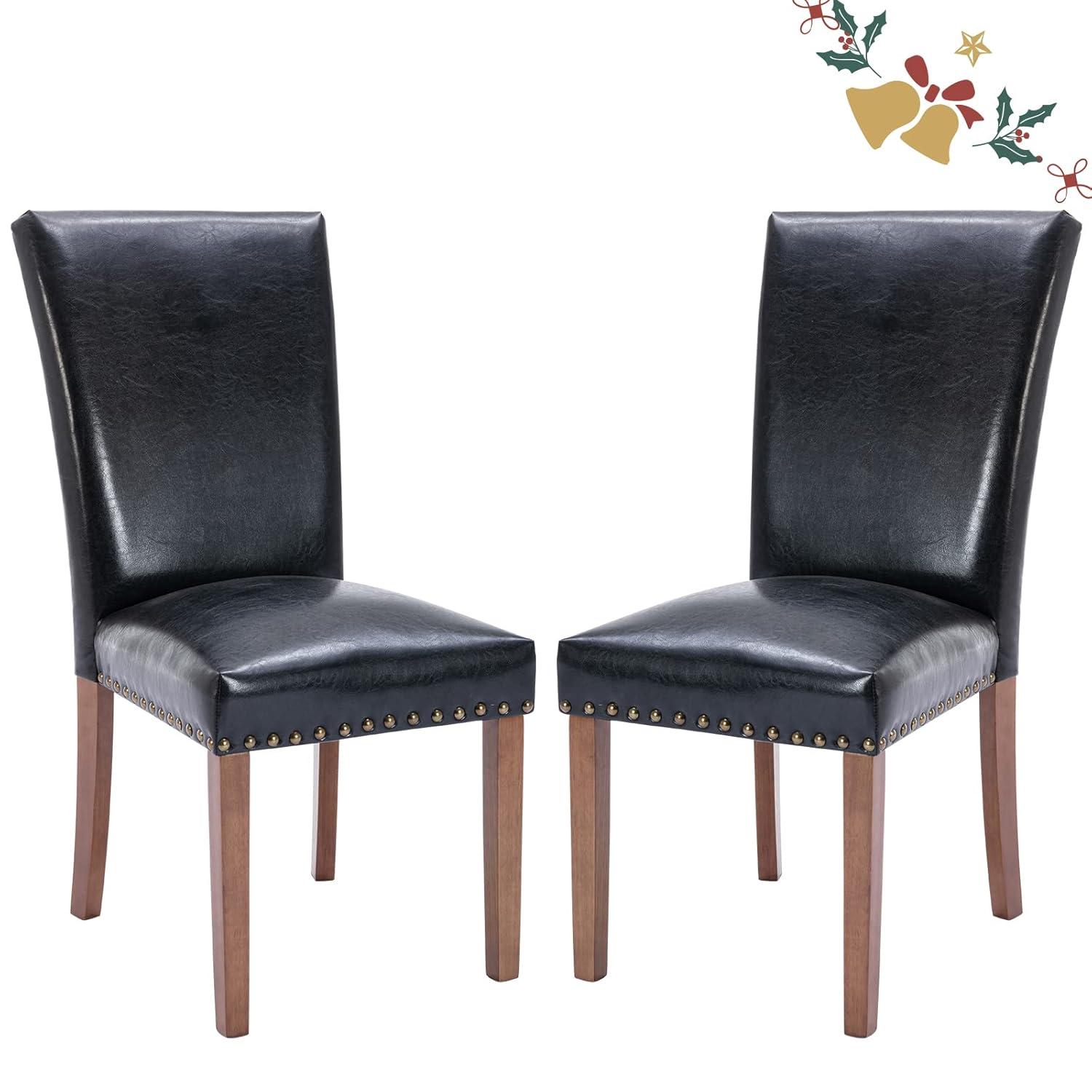 Colamy Black Upholstered Wood Legs Parsons Leather Dining Chairs with Nail head Trim Set of 2 for Dining Room