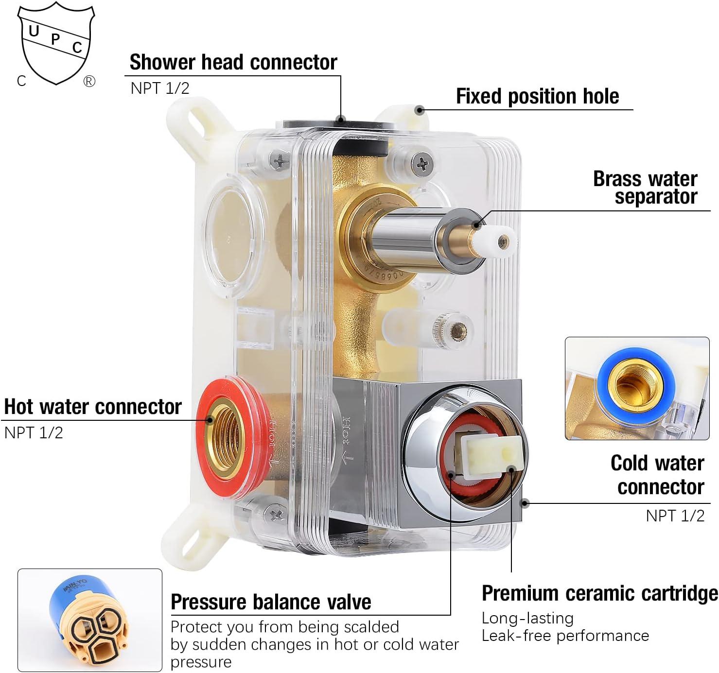 Qomolangma 12 inch Rain Shower System, Bathroom Shower Faucet Set with Pressure Balance Valve, Wall Mounted 2-Functions Shower Systems with Rain Shower and Handheld Spray Shower Trim Included