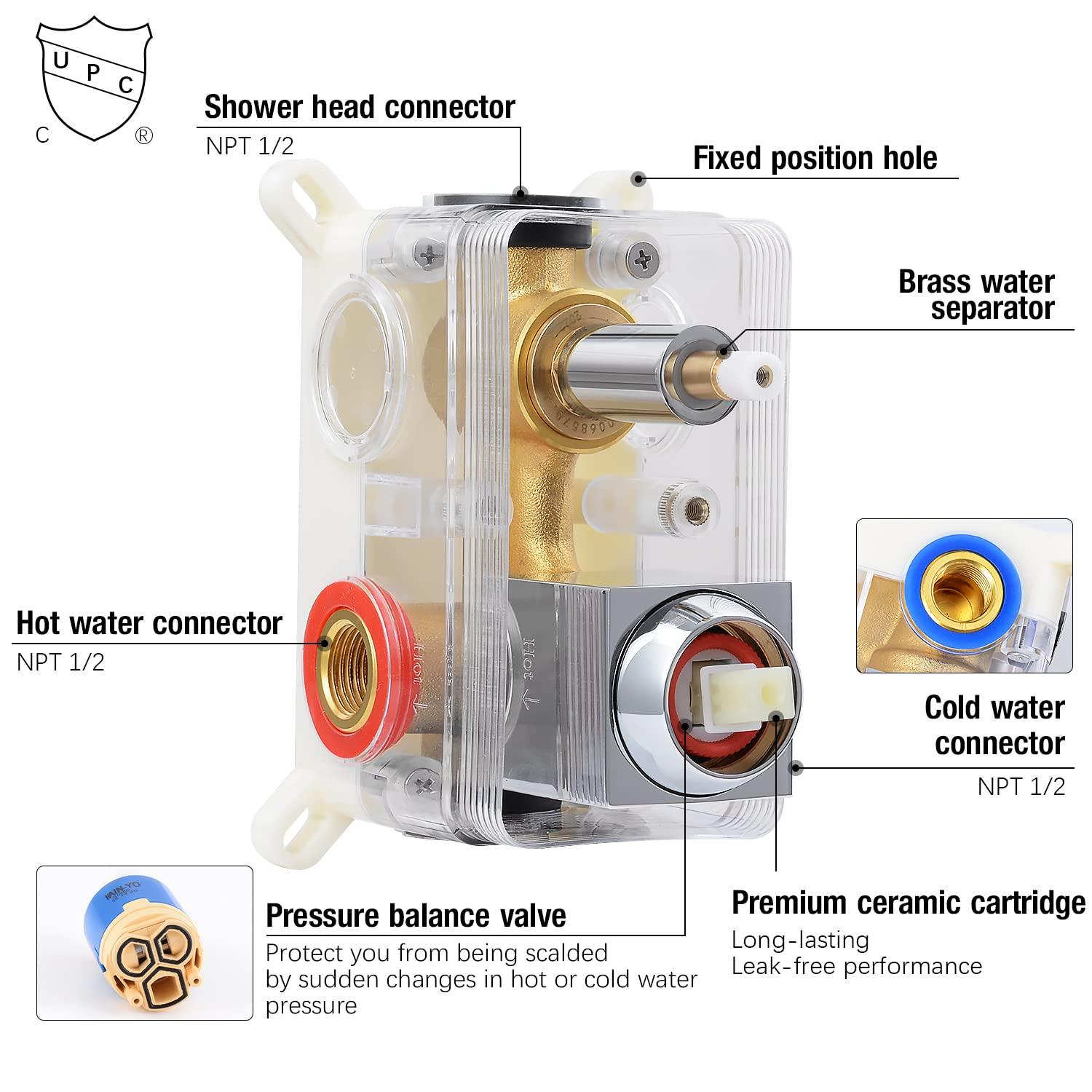 Qomolangma 12 inch Rain Shower System, Bathroom Shower Faucet Set with Pressure Balance Valve, Wall Mounted 2-Functions Shower Systems with Rain Shower and Handheld Spray Shower Trim Included