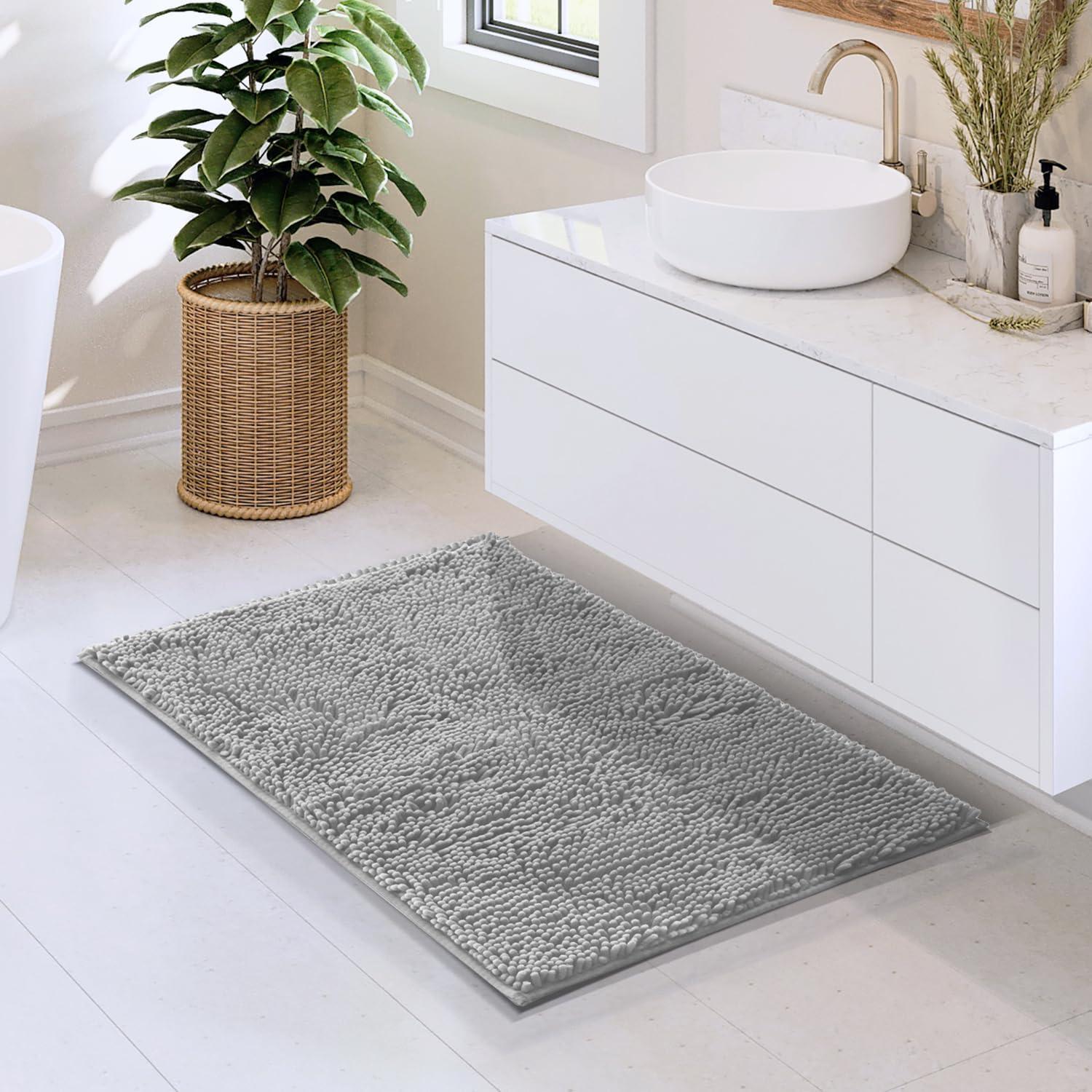 Hearth & Harbor Bathroom Rugs, Chenille Bath Mat - Light Gray Bath Rug, 20x32