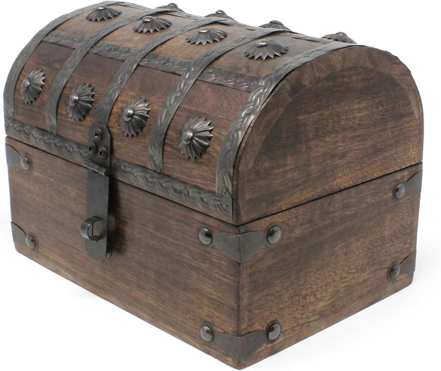 Nautical Cove Wooden Treasure Chest with Padded Velvet Lining and Antique Lock with Skeleton Keys (Small 8x6x6) – Luxury Wood Pirate Chest, Wooden Keepsake Box, Decorative Box with Lid