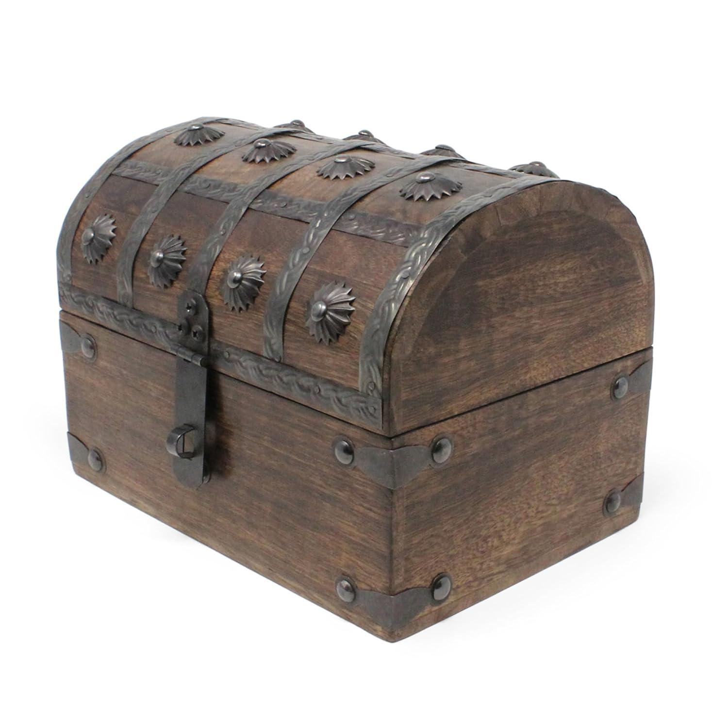 Nautical Cove Wooden Treasure Chest with Padded Velvet Lining and Antique Lock with Skeleton Keys (Small 8x6x6) – Luxury Wood Pirate Chest, Wooden Keepsake Box, Decorative Box with Lid