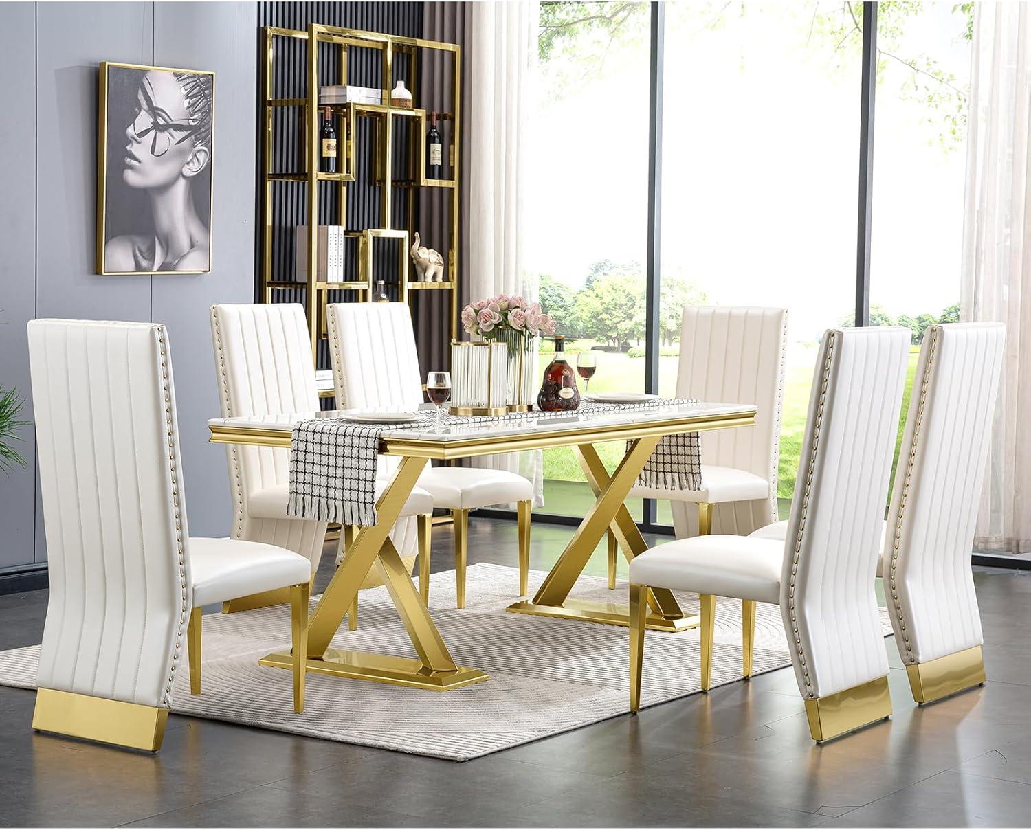 White Faux Leather High Back Side Chair with Gold Metal Legs