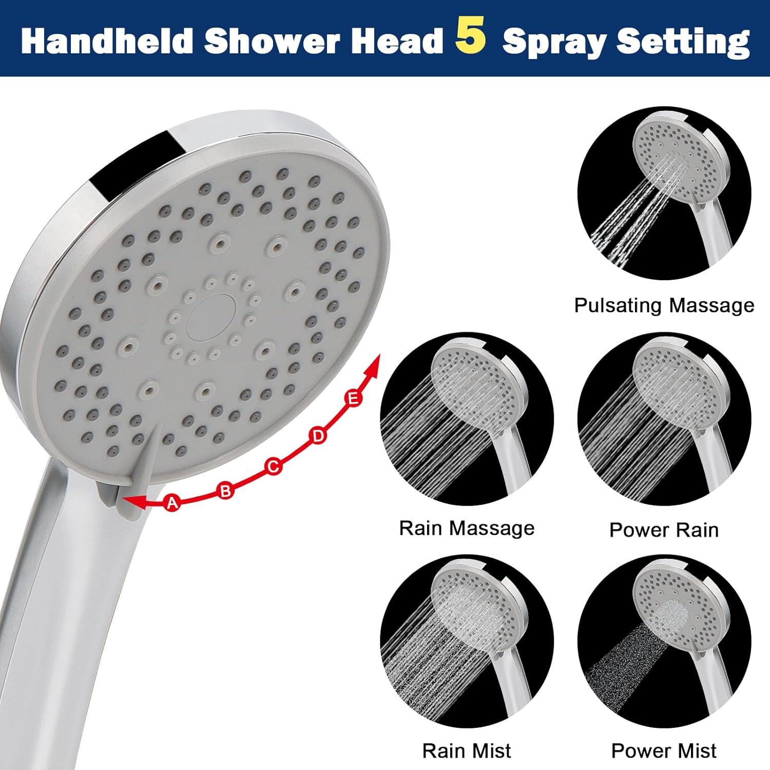 NearMoon Shower Head with Hose, High-Pressure Stainless Steel 8'' Rain Shower and 5 Settings Handheld Shower Spray Combo with Push Button Flow Control for Easy Operation (Chrome)