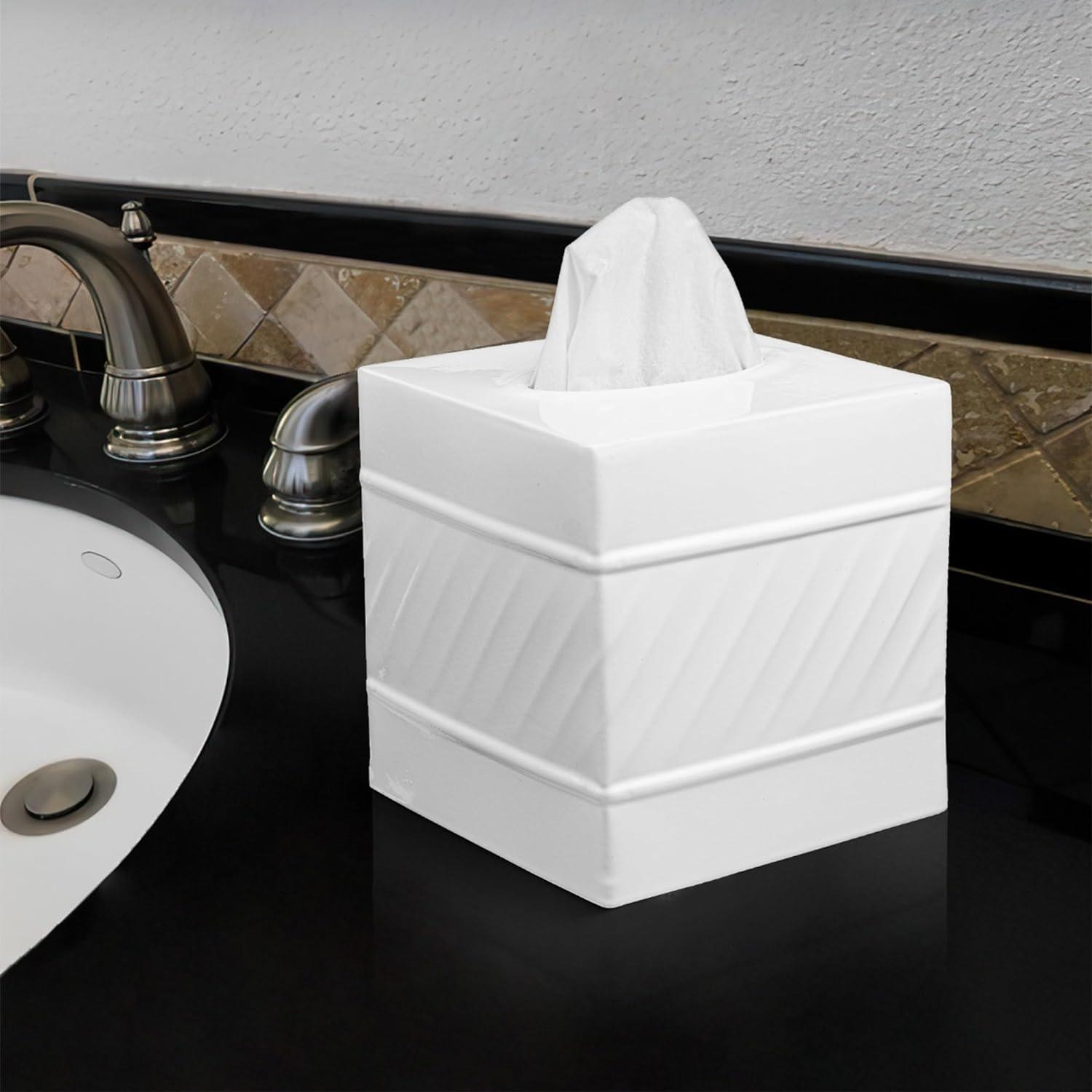 White Wave Embossed Metal Square Tissue Box Cover