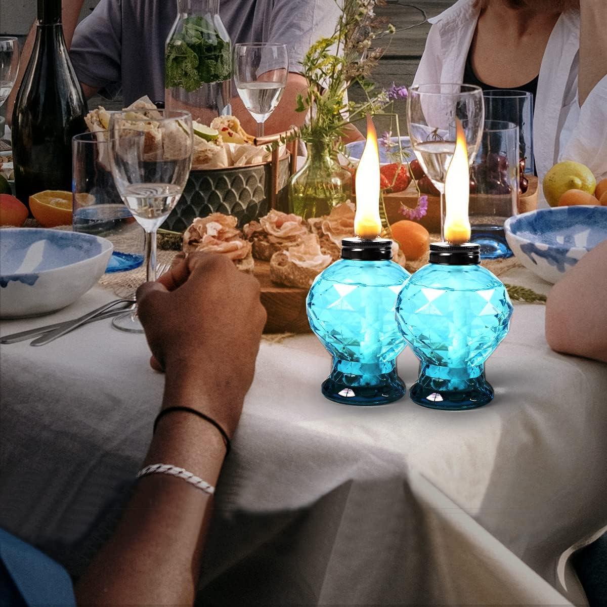 TRAHOO-4 Pack Glass Table Top Light Torches for Outside, Easy to Refill Glass Citronella Torches Outdoor Lanterns, Wick and Cap Included Torch for Garden Patio Yard Party