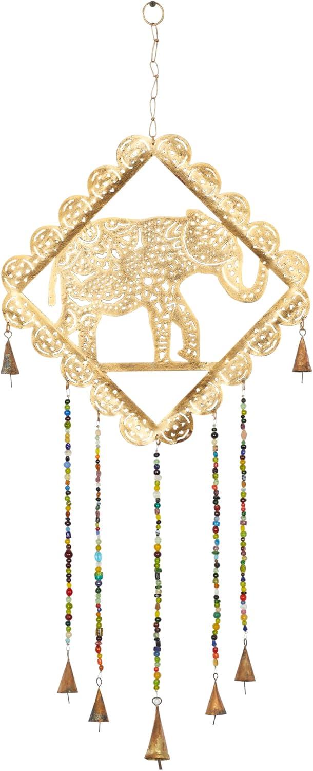 DecMode 29" Gold Metal Elephant Windchime with Glass Beads and Cone Bells