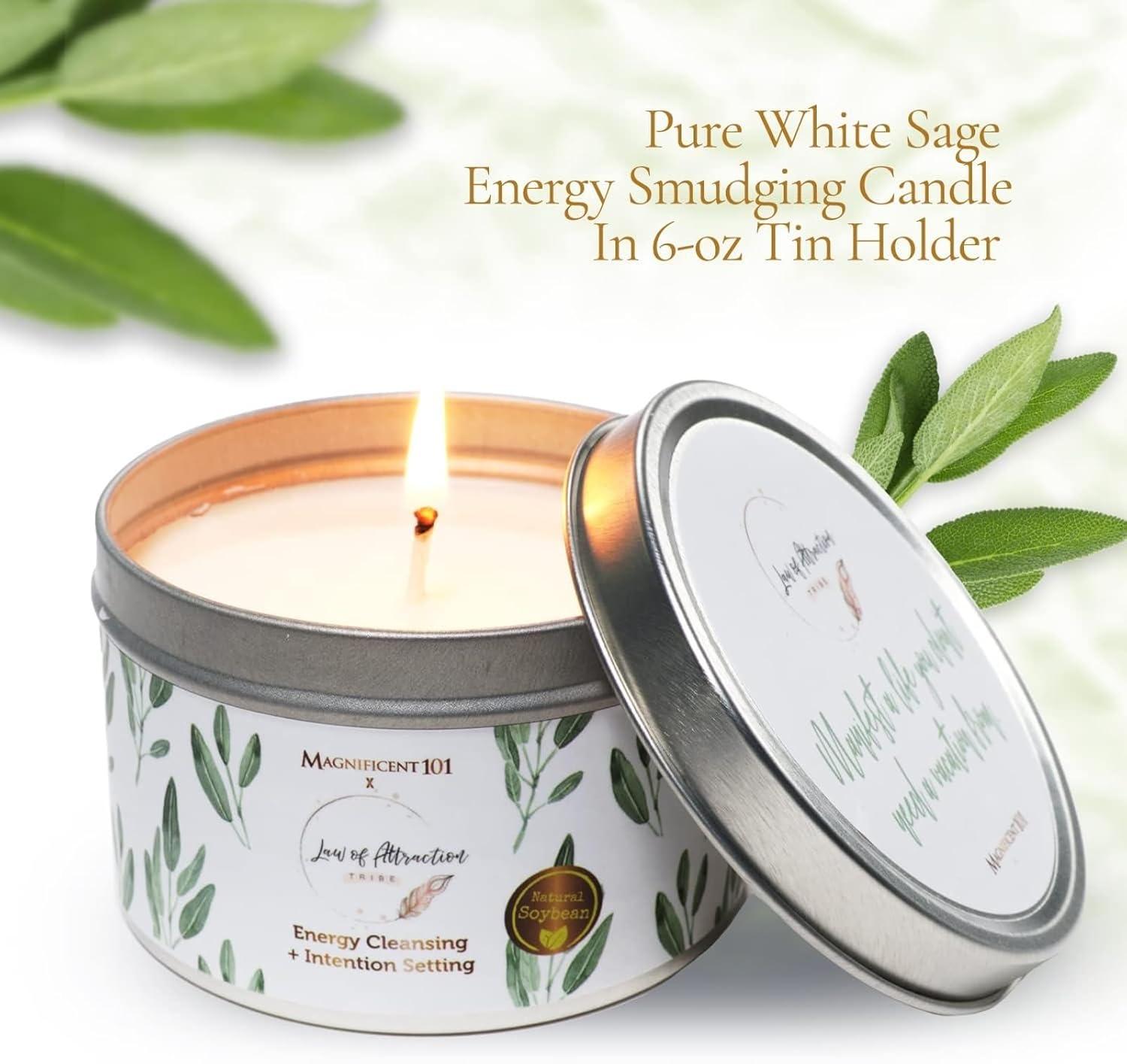 MAGNIFICENT 101 Affirmations Sage, Cedar, Palo Santo, Sprinkle of sage Leaves Smudge Candle for House Energy Cleansing, Banishes Negative Energy - Soy Wax Tin Candle (I Create My Dream Life)