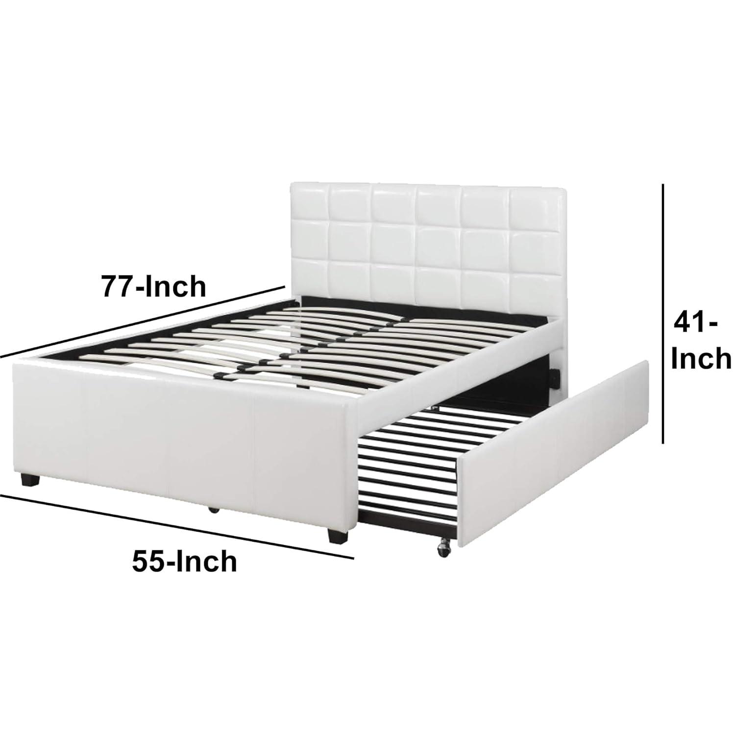 Gracious Wooden Full Bed With Trundle And SQU Tufted HB, White